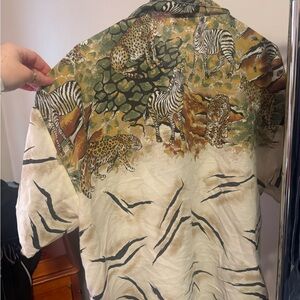 Vintage Short-Sleeve Safari Print Shirt Jacket - Cream, Green & Brown